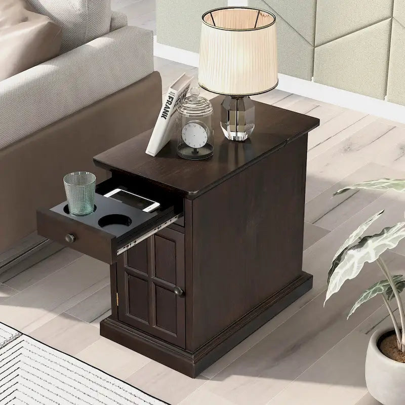 Retro-Inspired Living Room Side Table with USB Ports, Multifunctional Drawer, and Cup Holders - image 4