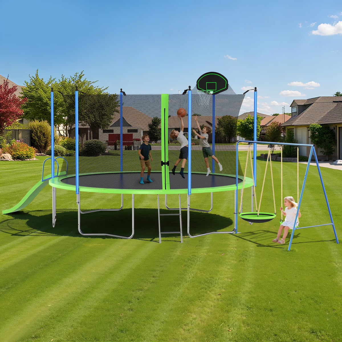 12FT Trampoline with Slide, Swings, SEGMART Recreational Trampoline with Basketball Hoop and Ladder, Heavy Duty Outdoor Backyard Trampoline with Net for Kids and Adults, Green - image 3