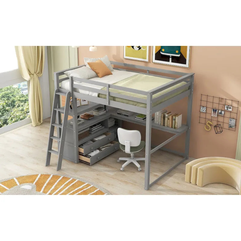 Gray Full-Size Loft Bed with Desk, Shelves, and Two Built-In Drawers - image 1