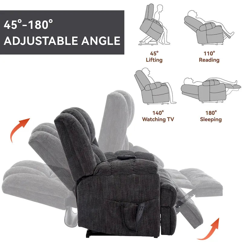Grey Oversized Chenille Power Lift Recliner with Massage, Heating, and Flat Lay Feature - image 5