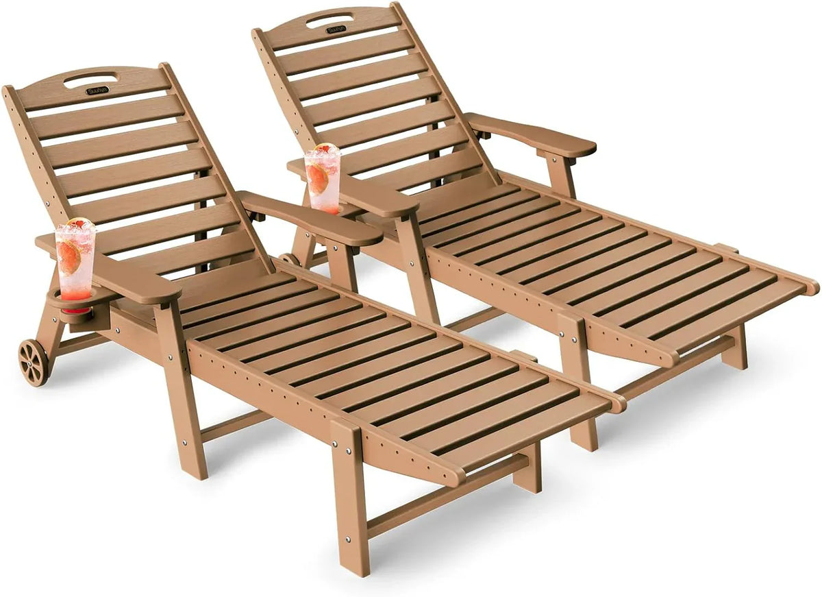 Lounge Chair Outdoor, Chaise Lounge, HDPE 6-Position Outdoor Chaise Lounge, Patio Lounge Chair with Wheels & Cup Holder for Pool Poolside Deck Backyard, Teak - image 5