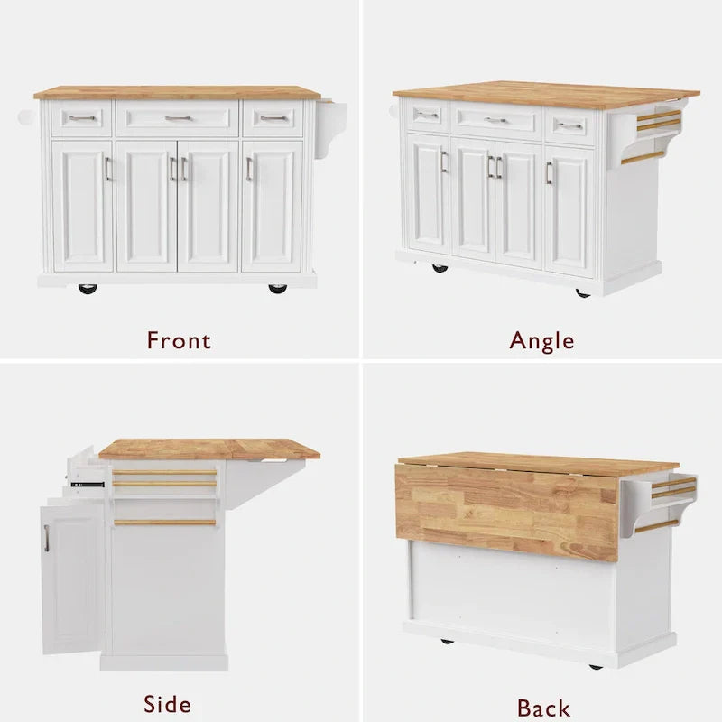Large Kitchen Island with Wood Drop Leaf, Embossed Texture Rolling Kitchen Cart wDoors and Drawers wStorage for Kitchen, White - image 13