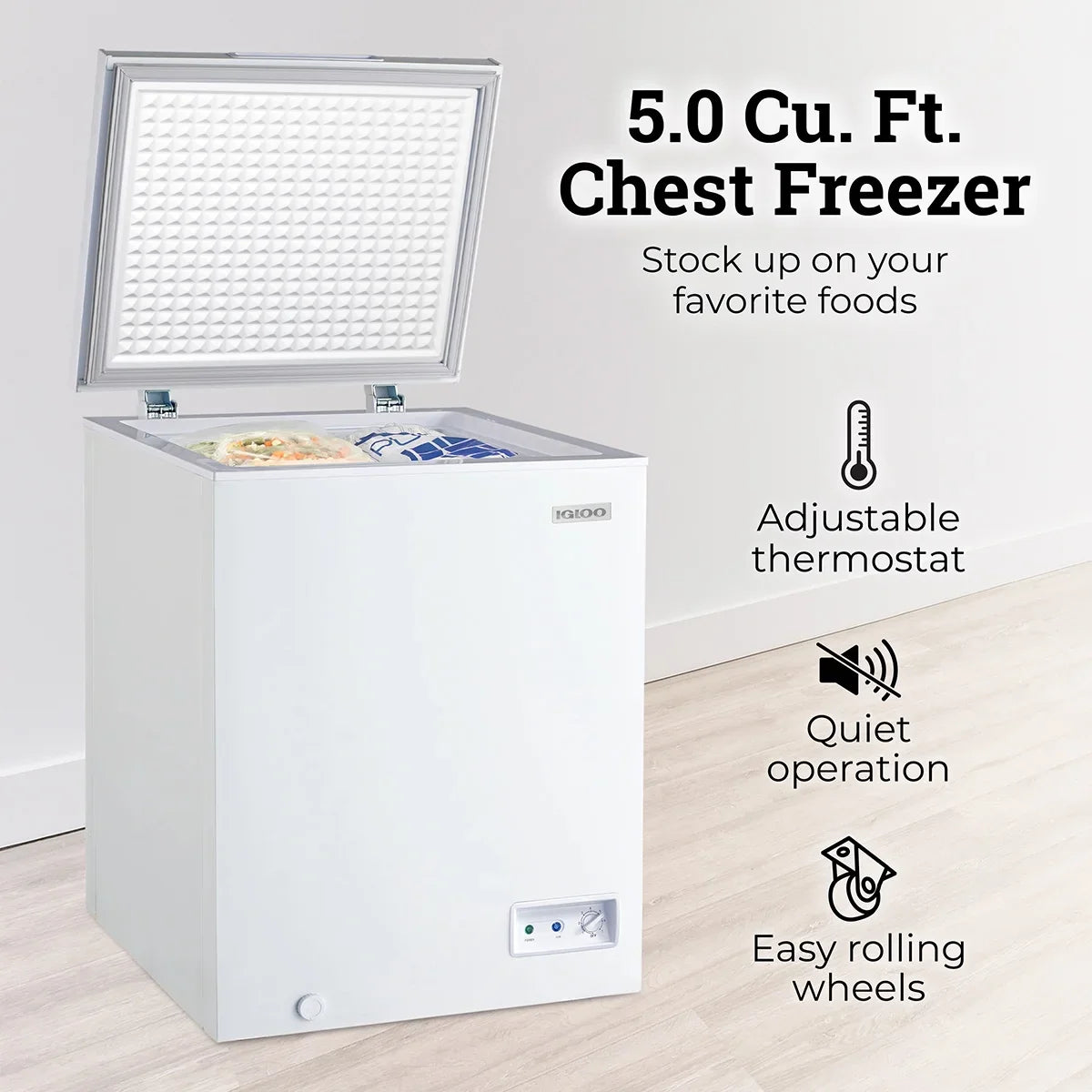 Igloo 5.0 Cu. Ft. Chest Freezer With Removable Basket, Free-Standing Door Temperature Ranges From-10?- to 10?- F, Front Defrost Water Drain, Perfect for Homes, Garages, Basements, RVs, White - image 6