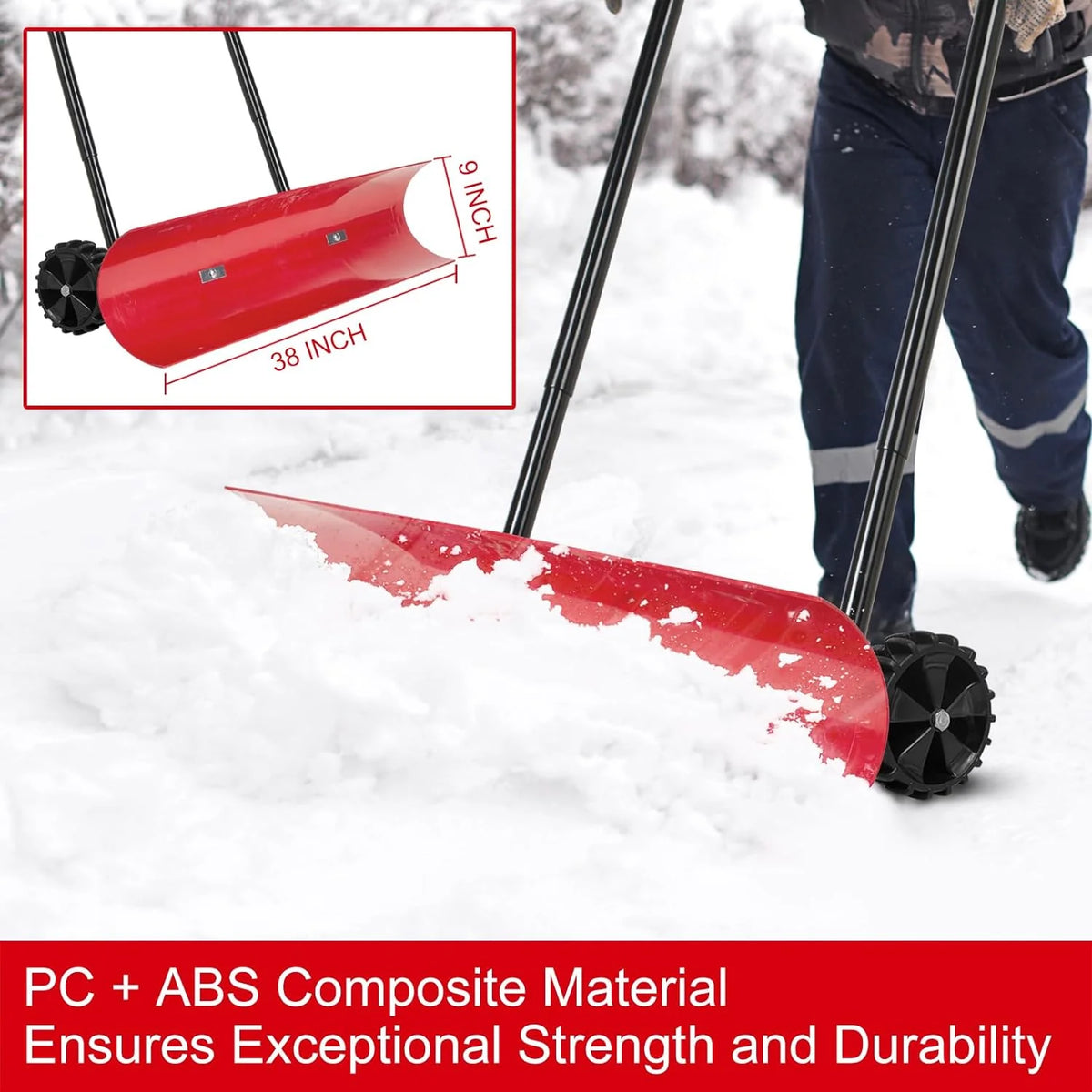 38 Inch Snow Shovel for Driveway,Bi-Direction Heavy Duty Snow Pusher with Wheels and Angled Blade for Efficient Snow Removal, Back Saver Snow Plow for Dorway Sidewalk - Big Wheels - image 4