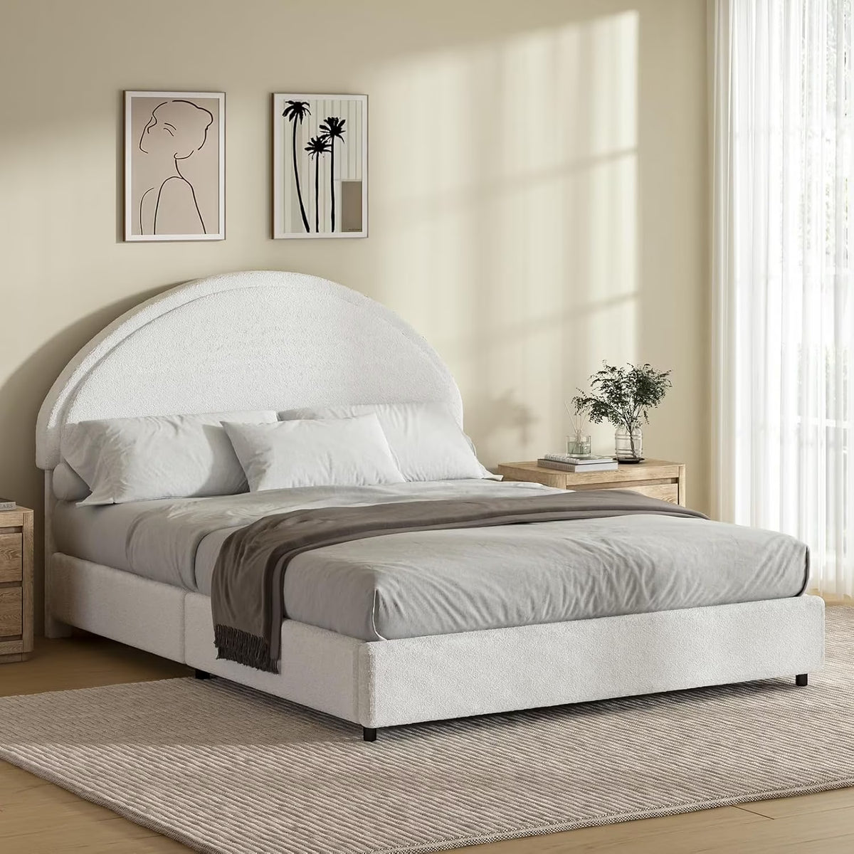 4 EVER WINNER Queen Size Bed Frame, Boucle Upholstered Bed Frame with Headboard, White Queen Bed Frame, White - image 1