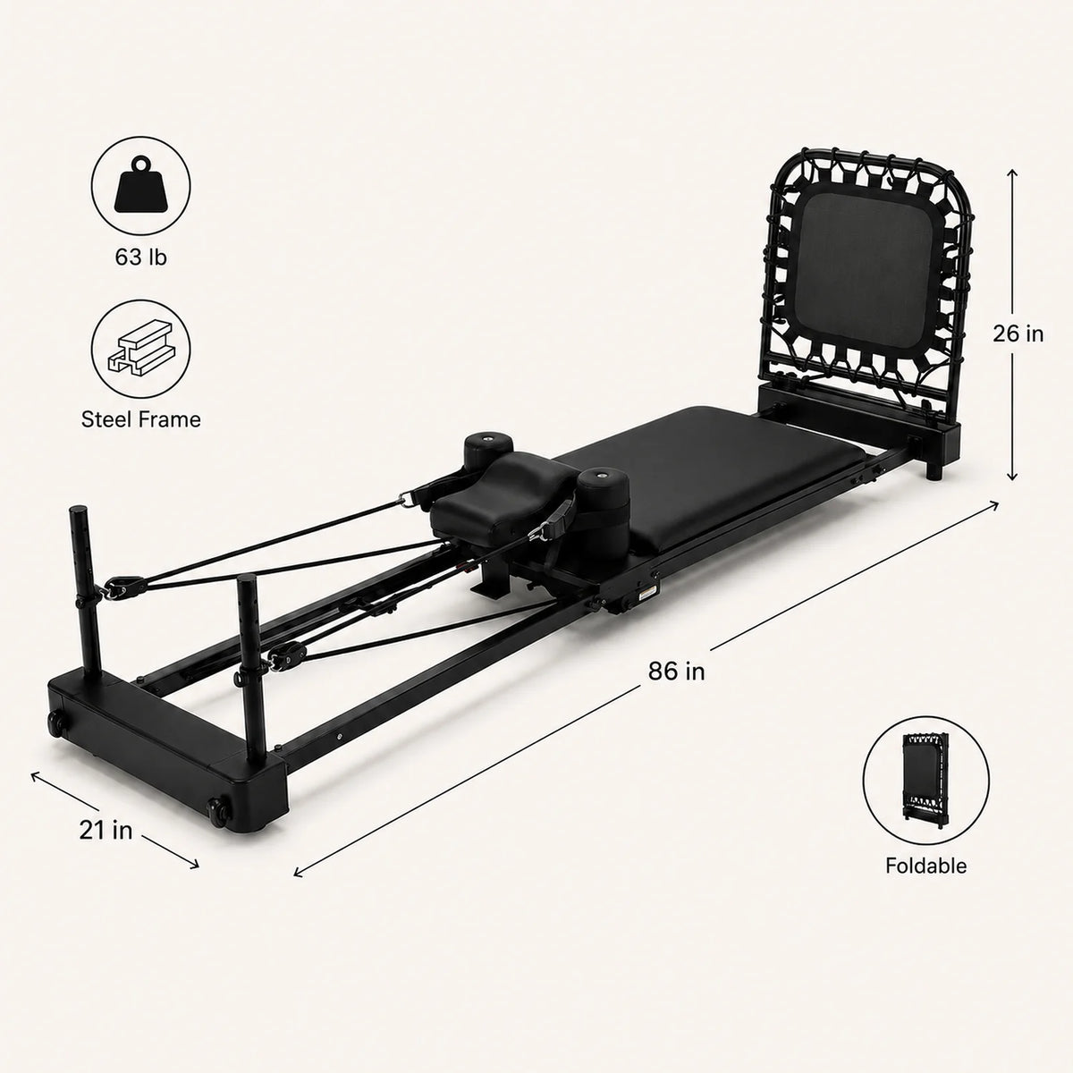 Folding Pilates Reformer Exercise Machine Black Steel Home Workout Equipment 86 x 21 x 26 in - image 2