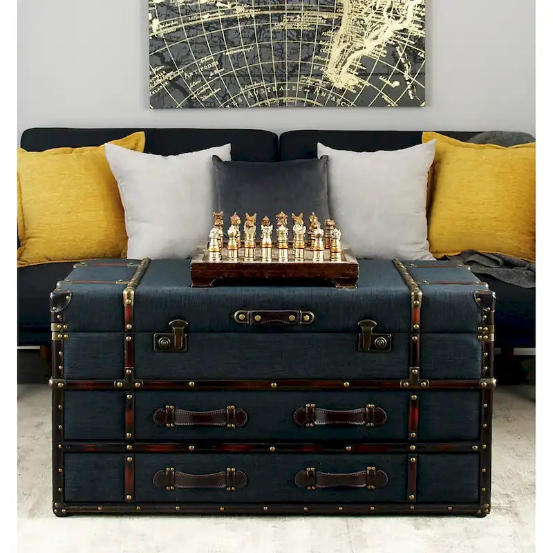 Roche River Decor Faux Leather or Linen Fabric Coffee Table Trunk with 2 Drawers and Buckle Hinged Top - Available in Dark Blue or Brown - image 9