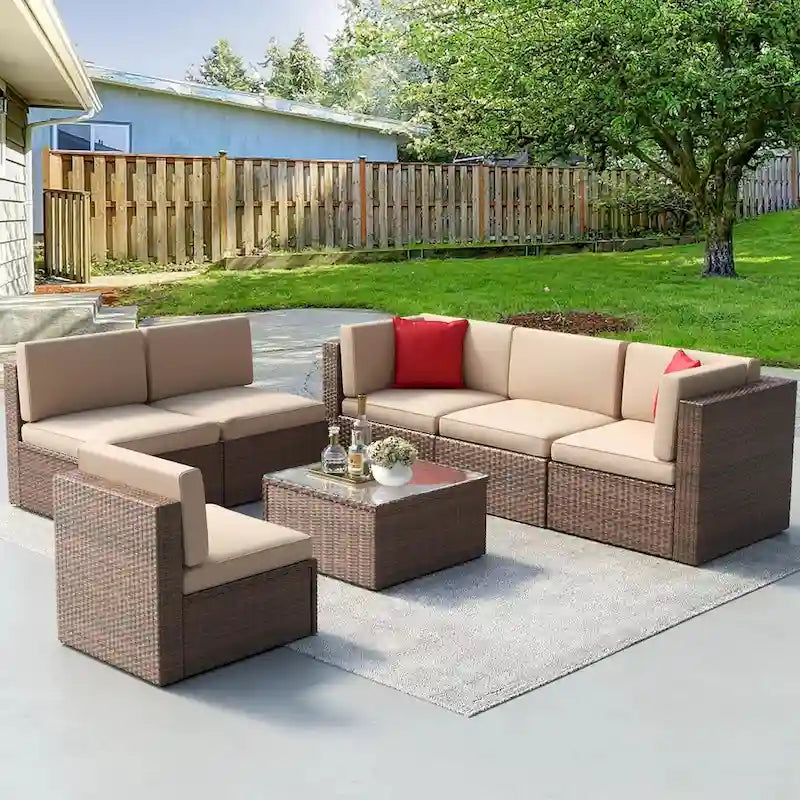 7 Pieces Outdoor Patio Furniture Sets Wicker Sectional Sofa PE Rattan Conversation Sets with Cushions - image 1