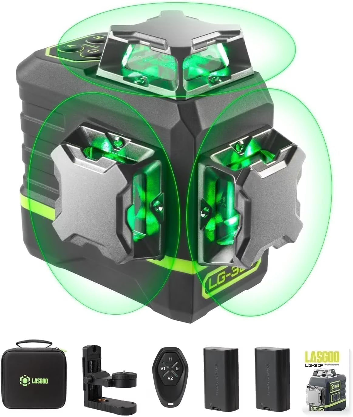 Laser Level 3x360- LASGOO with Remote Control, 2 Rechargeable Batteries, 100FT Range, 360- Magnetic Rotating Stand, IP54, 3Ds - image 1