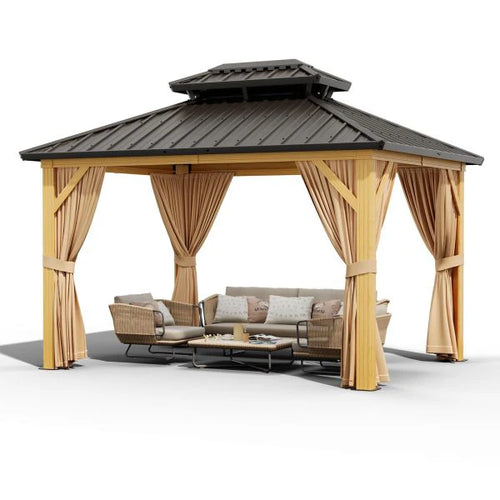 10X13 FT Outdoor Galvanised Steel Hardtop Gazebo, Heavy Duty Double Roof Outdoor Gazebo with Netting and Sunshade Curtains, Aluminium Framed Gazebo for Patio, Terrace, Lawn and Deck, Khaki - image 1