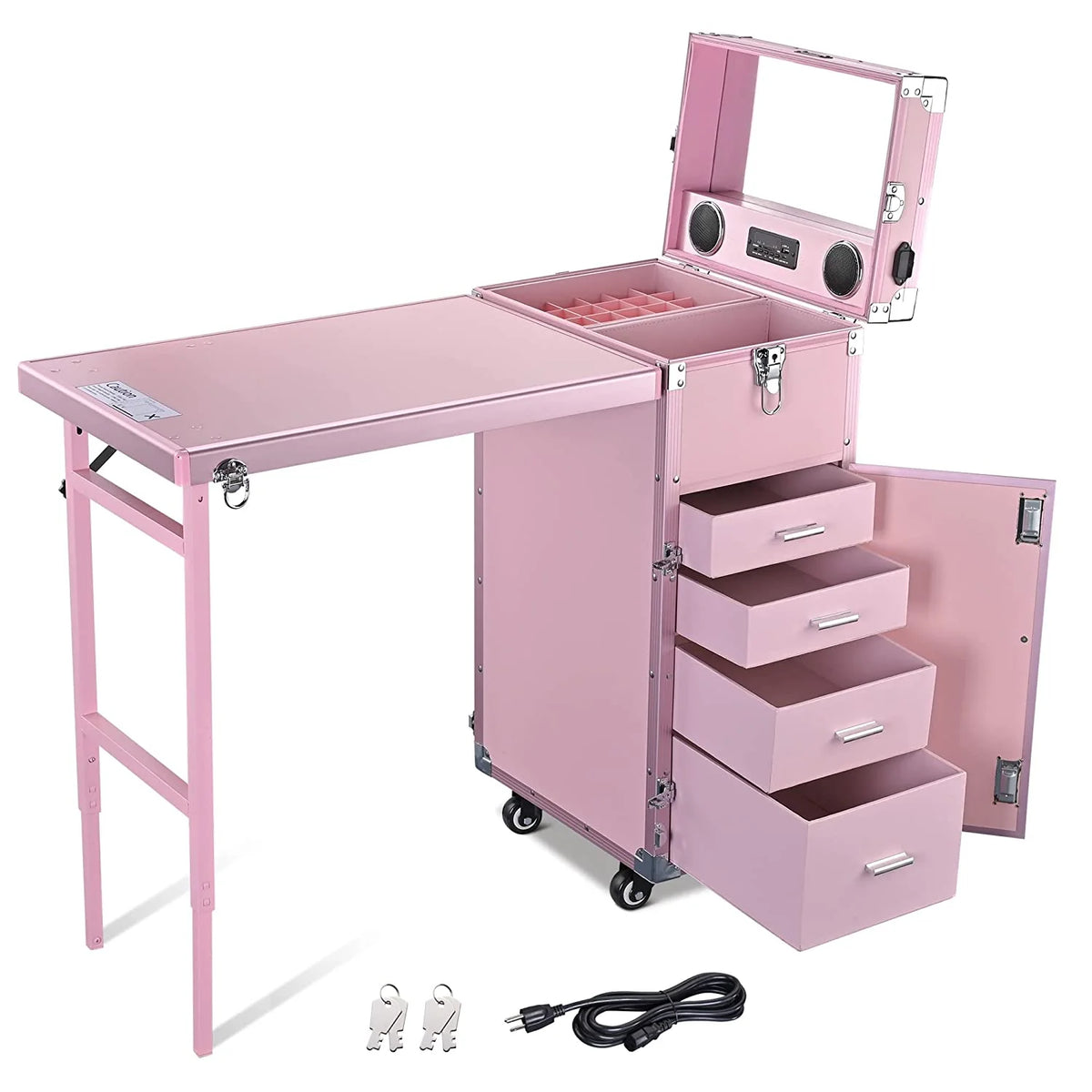 BYOOTIQUE Nail Desk Mobile Station Rolling Makeup Train Case Trolley Cosmetic Manicure Table Mirror 4 Drawers Pink - image 1