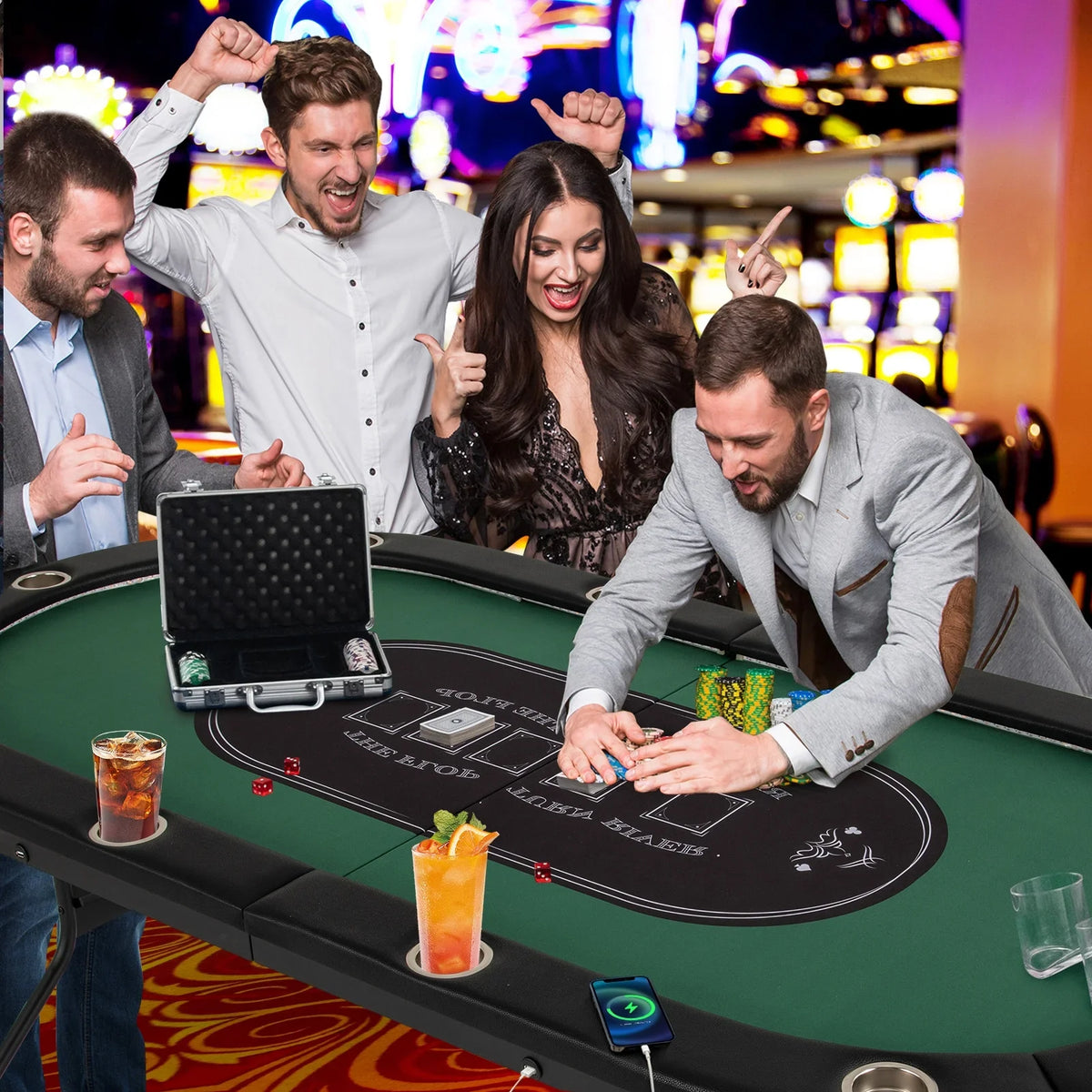 Costway Foldable, USB Ports, LED Lights 10 Player Poker Table, Blue/Black - image 14