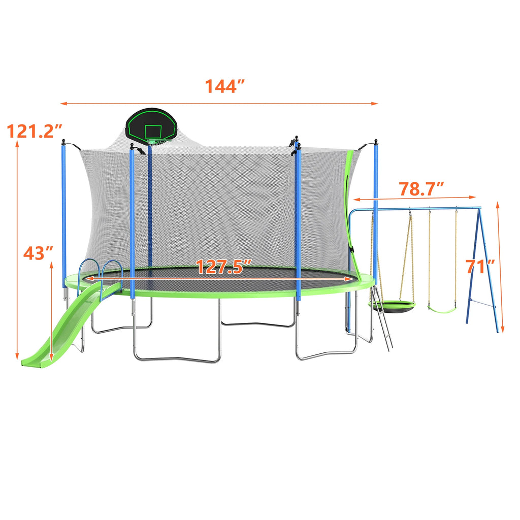 12FT Trampoline with Slide, Swings, SEGMART Recreational Trampoline with Basketball Hoop and Ladder, Heavy Duty Outdoor Backyard Trampoline with Net for Kids and Adults, Green - image 11