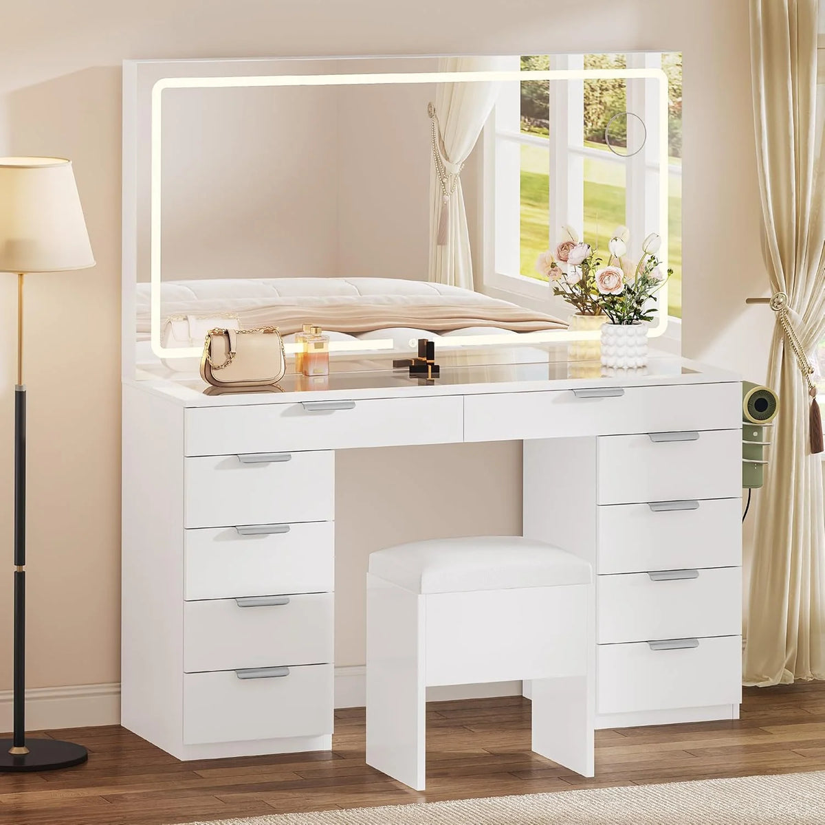 Vanity Set with LED Mirror, 10 Drawers, Stool Included - image 2