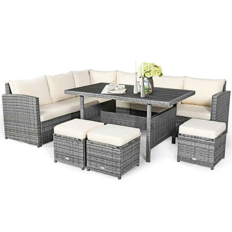 7 Pcs Rattan Patio Dining Furniture Sectional Sofa Set with Dining Table, Ottomans & Cushions - image 2