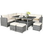 7 Pcs Rattan Patio Dining Furniture Sectional Sofa Set with Dining Table, Ottomans & Cushions - image 2