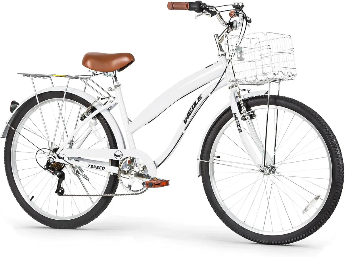 WEIZE Beach Cruiser Bike, 26 inch Commuter Bicycle for Adult Men and Women, 7-Speed/High-Carbon Steel/Front & Rear Fenders, Comfortable City Bikes with Rear Rack or Basket, Ergonomic Upright Design - image 1