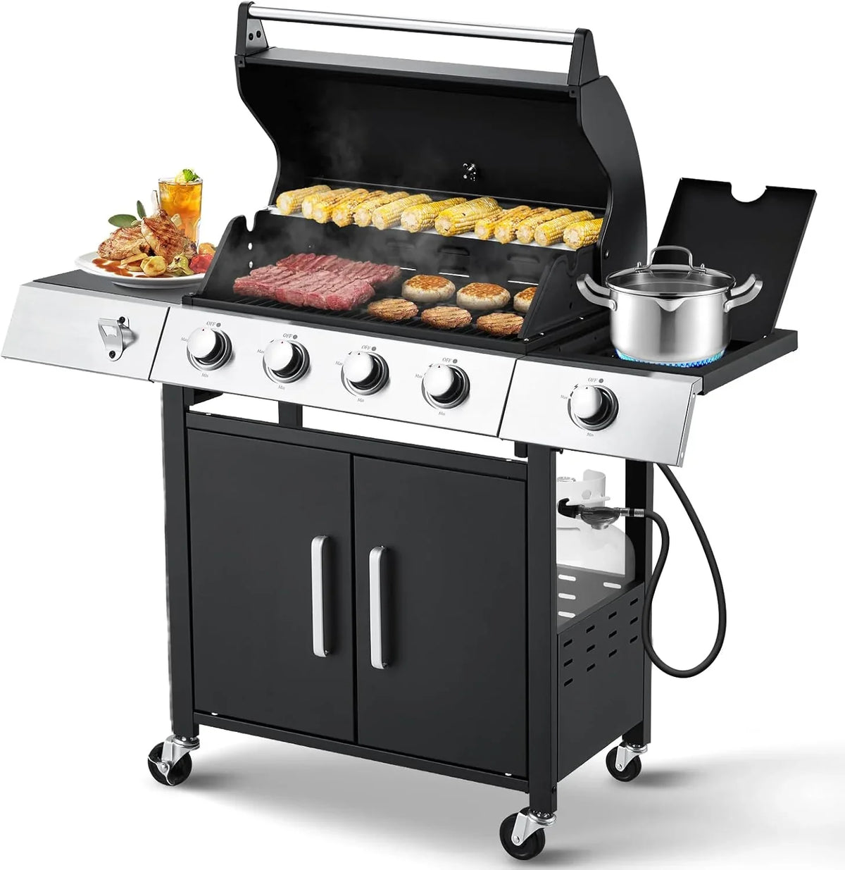 Upgraded 4 Burner BBQ Propane Gas Grill with Cast Iron Grates & Side Stove, 44,000 BTU Stainless Steel Burner Barbecue Grill for Patio, Camping, Outdoor Cooking. - image 7