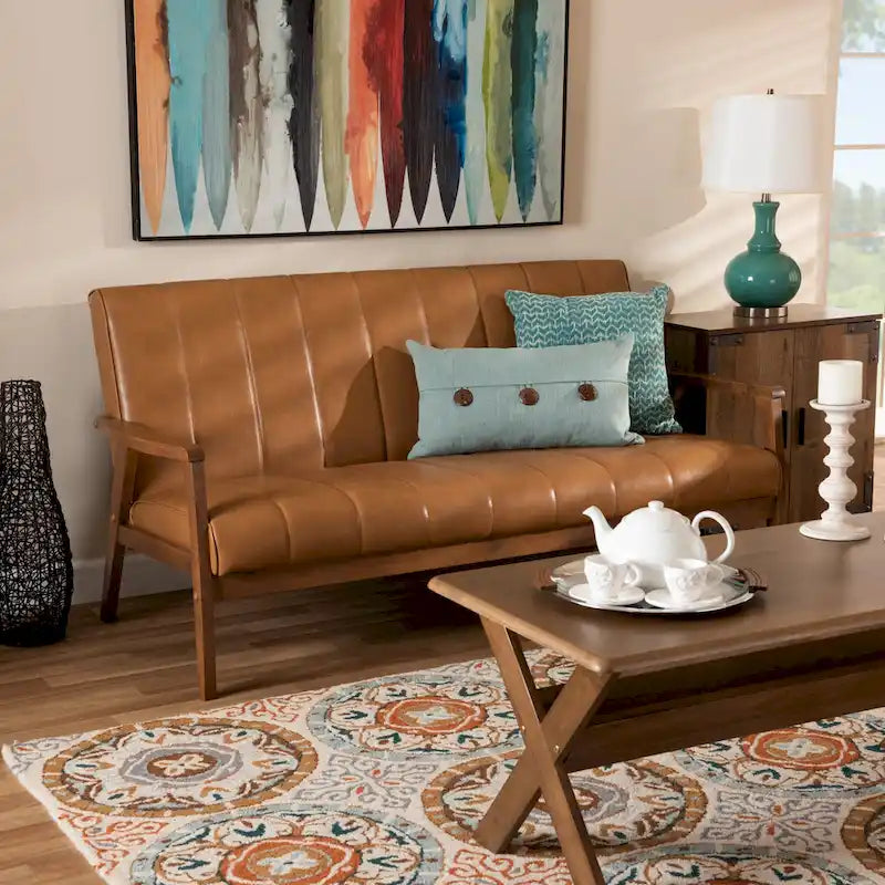 Nikko Tan Faux Leather Sofa with Walnut-Finished Wood Accents - image 9