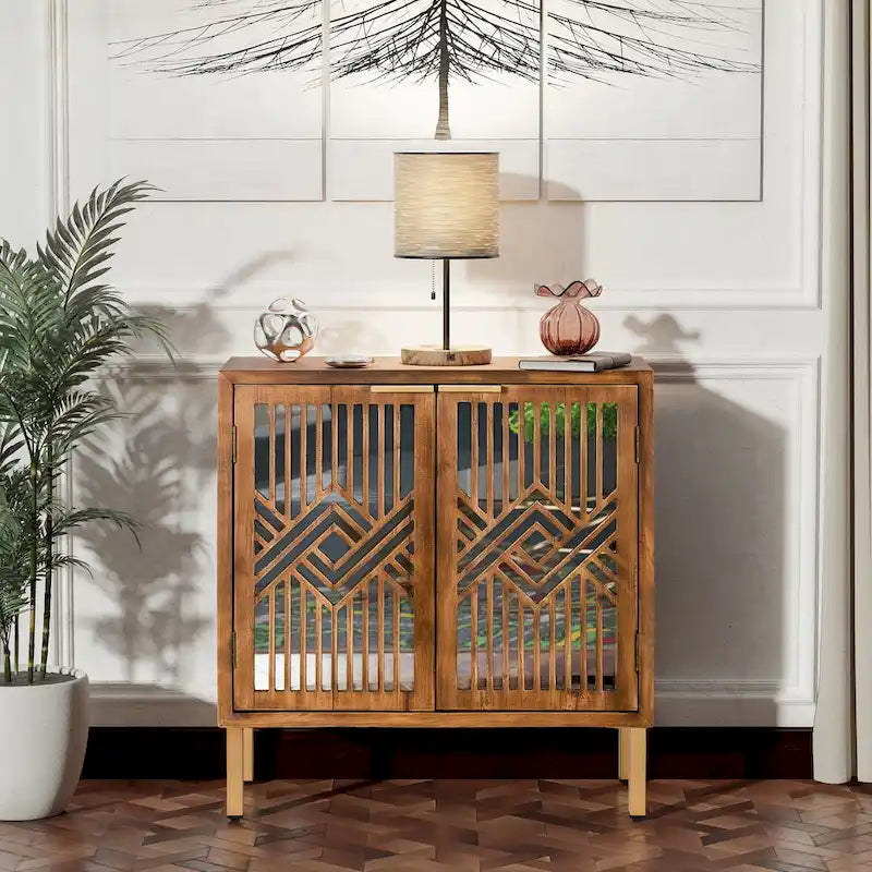 COZAYH Rustic Farmhouse Accent Cabinet with Geometric Mirror Fronts - image 3