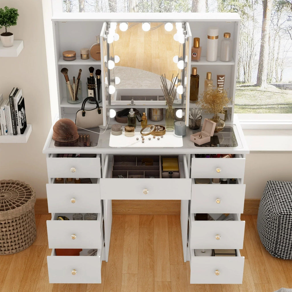 Makeup Vanity w/Tri-Fold Mirror Certified Lighting Glass Top Dresser - image 2