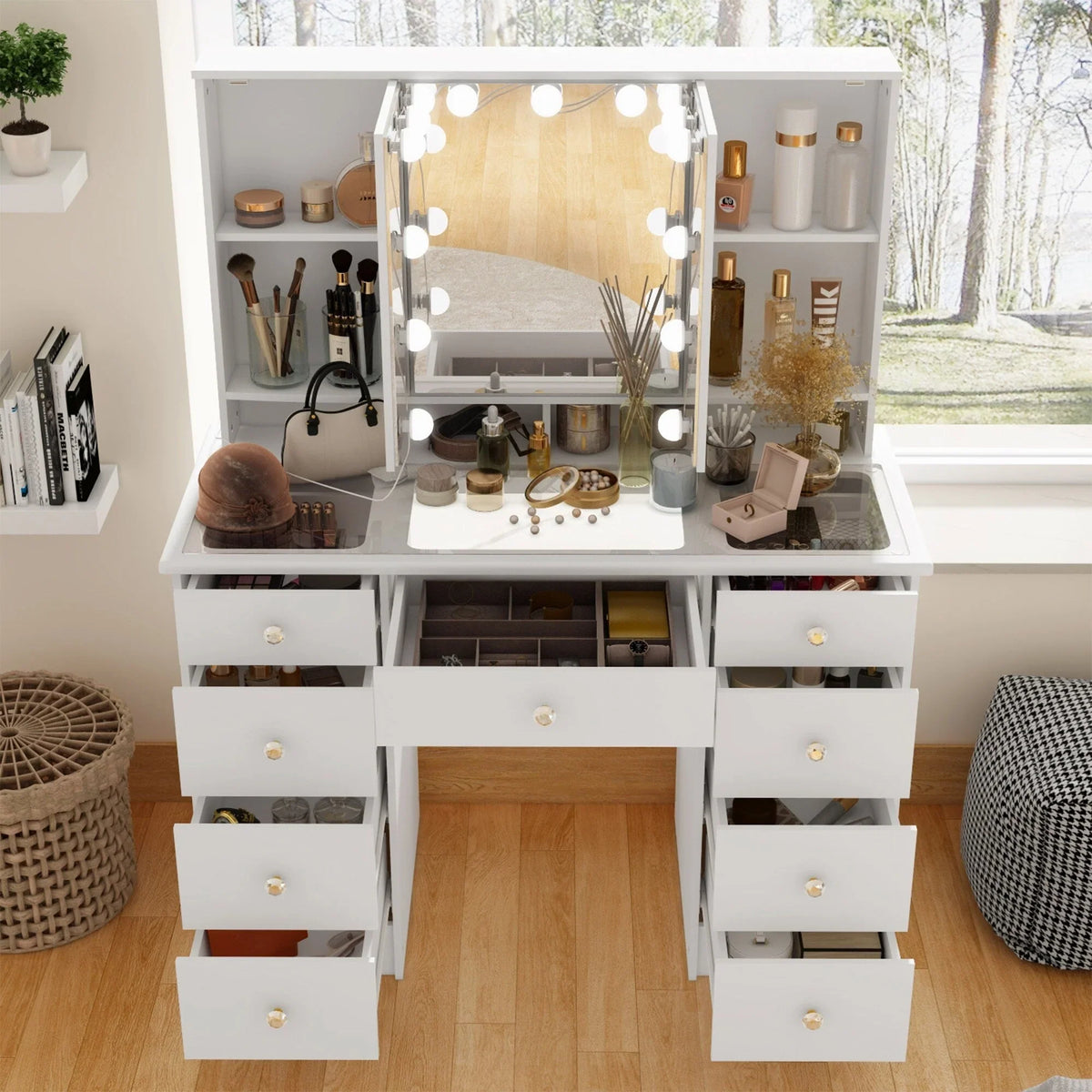 Makeup Vanity w/Tri-Fold Mirror Certified Lighting Glass Top Dresser - image 2