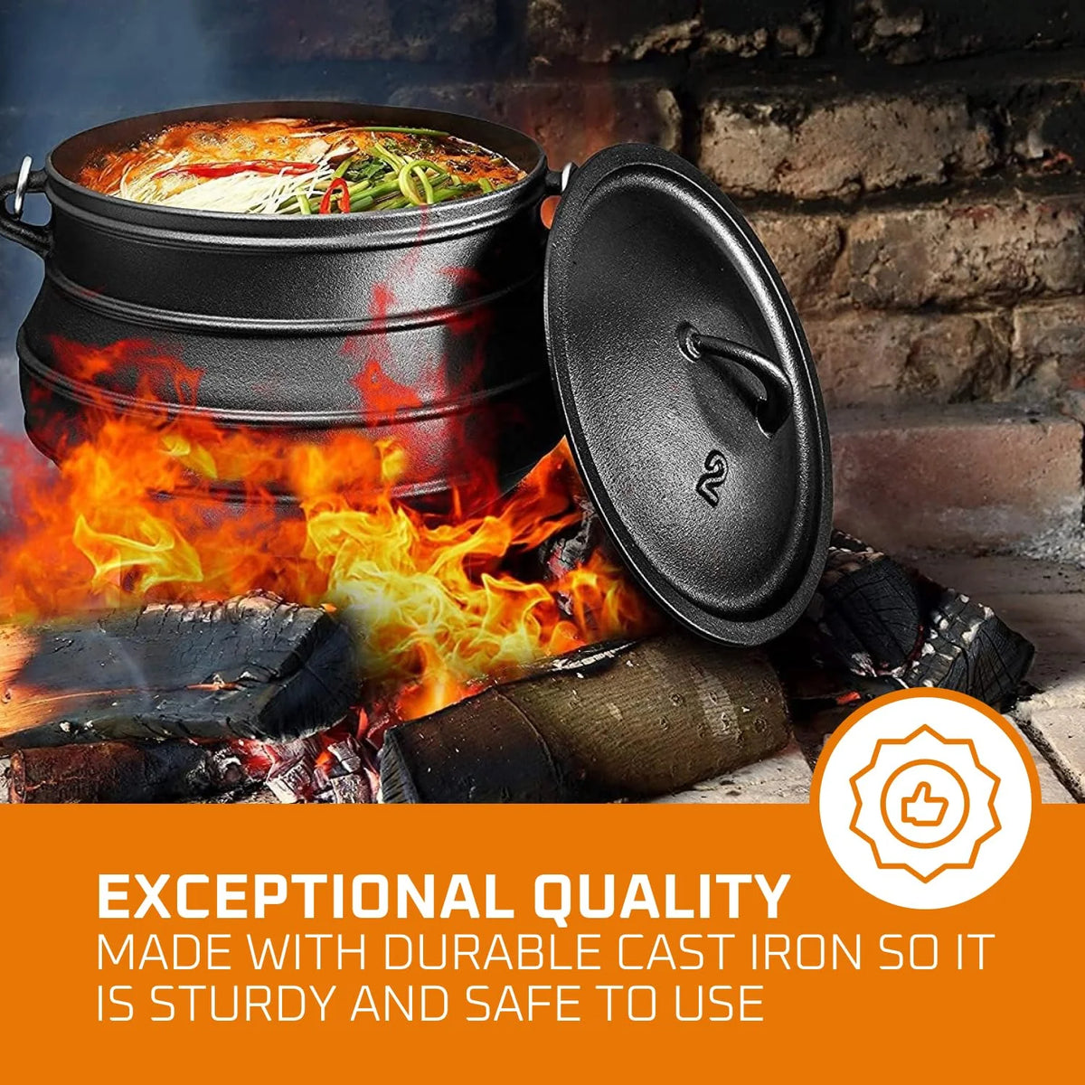 Bruntmor Pre - Seasoned Cast Iron Cauldron - Bruntmor African Potjie Pot with Lid - 3 Legs for Even Heat Distribution - Camping Dutch Oven Cookware for Over - the - Fire Cooking - 10 Quarts, X - Large - image 2