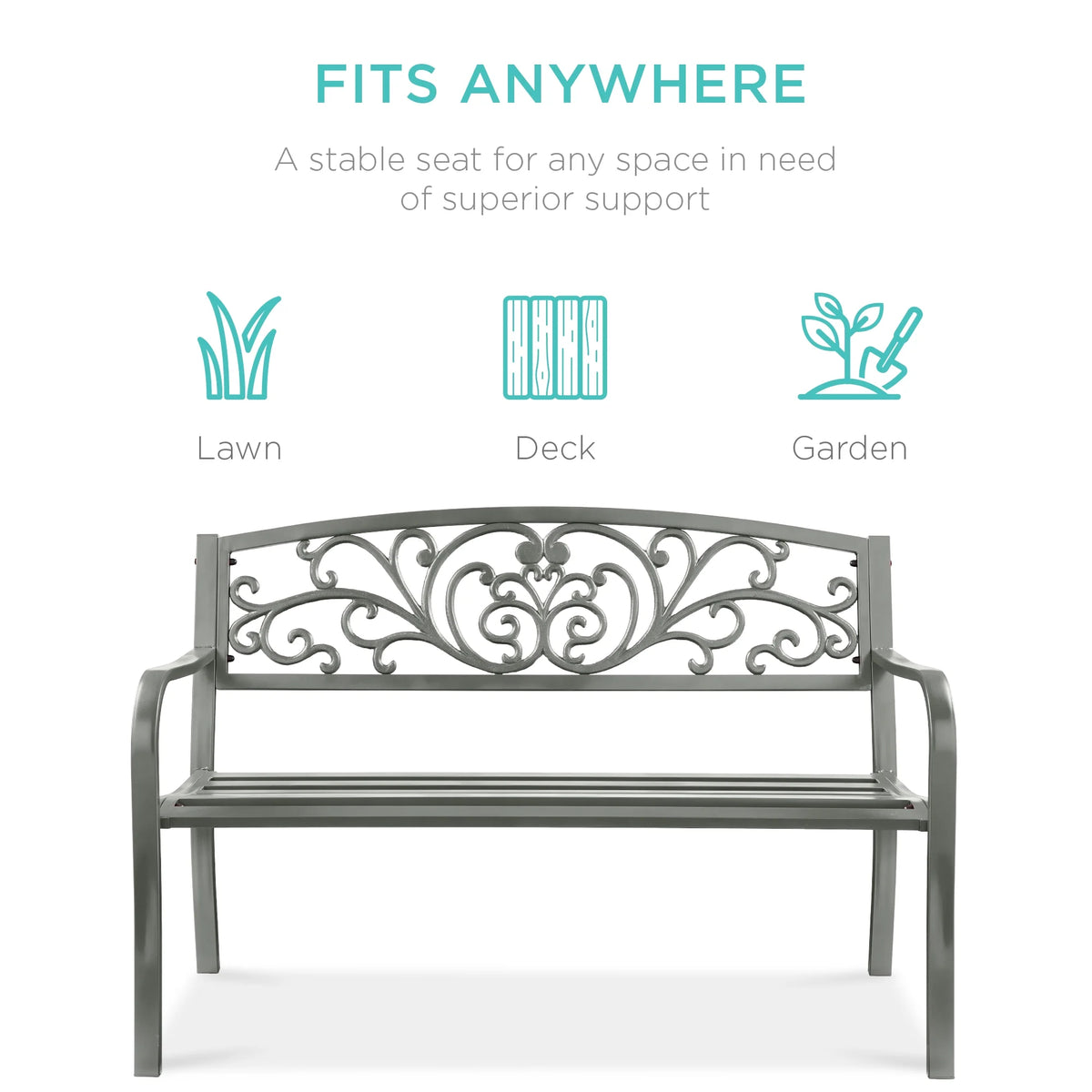 Best Choice Products Outdoor Steel Bench Garden Patio Porch Furniture W/ Floral Design Backrest - Black - image 71