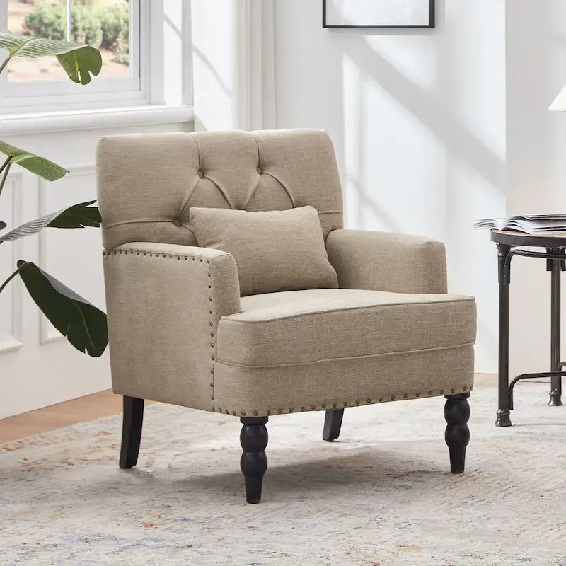 Set of 2 Arm Chair Upholstered Button Tufted Accent Chair with Lumbar Pillow Beige/ Grey/ Light Blue - image 34