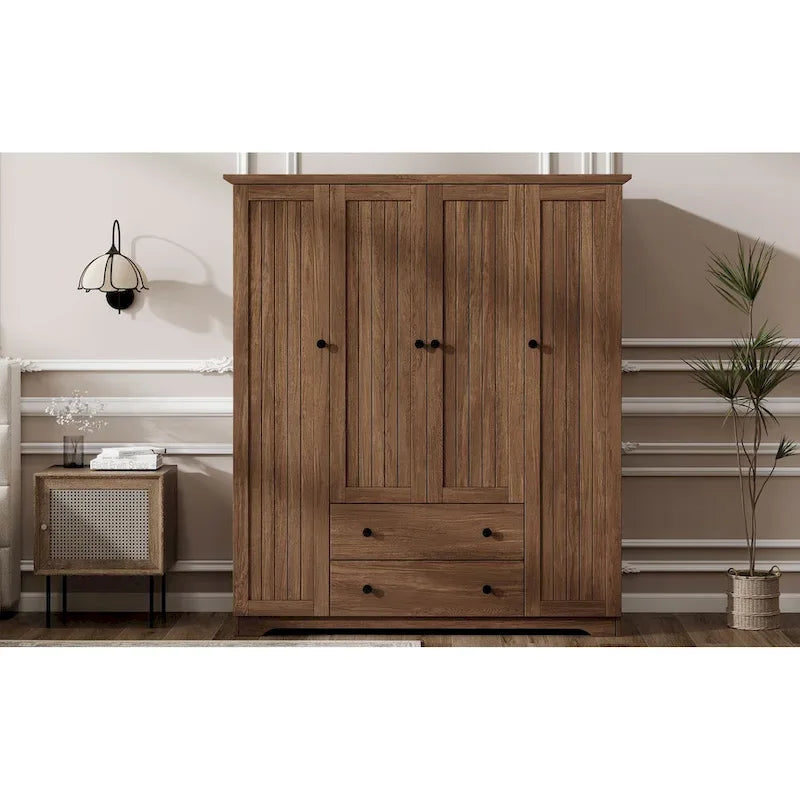 Freestanding 4-Door Wardrobe Armoire with 2 Drawers and Hanging Rods for Clothes Storage - image 28
