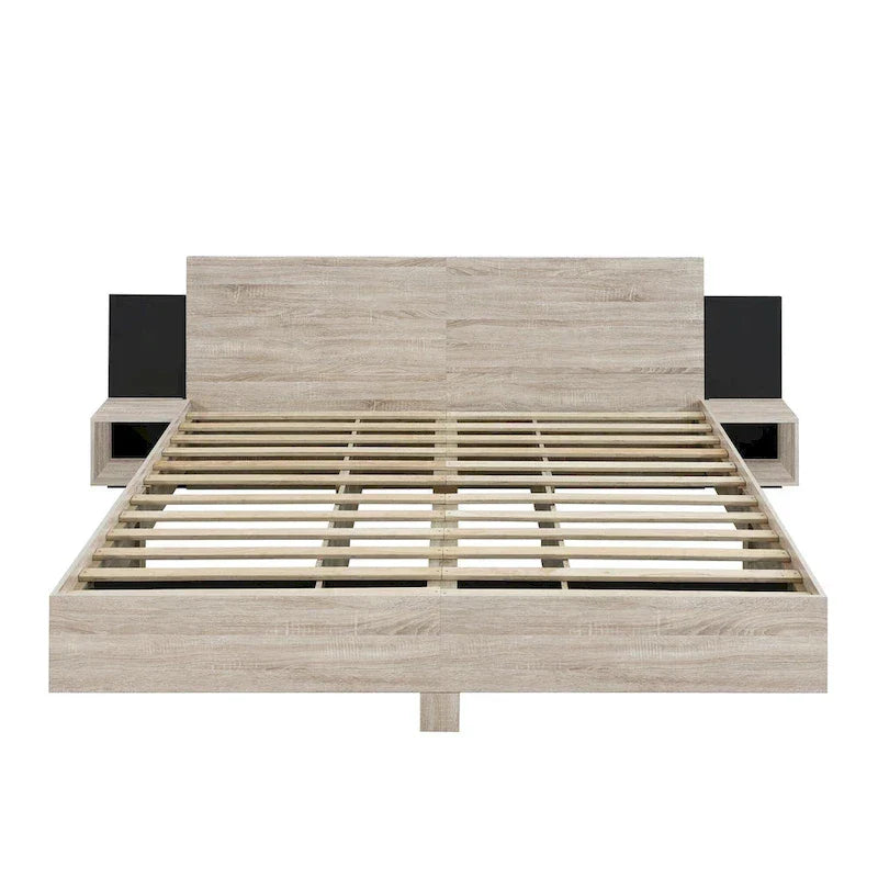 Modern King Size Wooden Floating Bed Frame with Nightstand and LED - Slatted Support Design - image 8