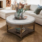 Round Storage Ottoman Coffee Table with Tufted Seat and Wooden Base - image 3