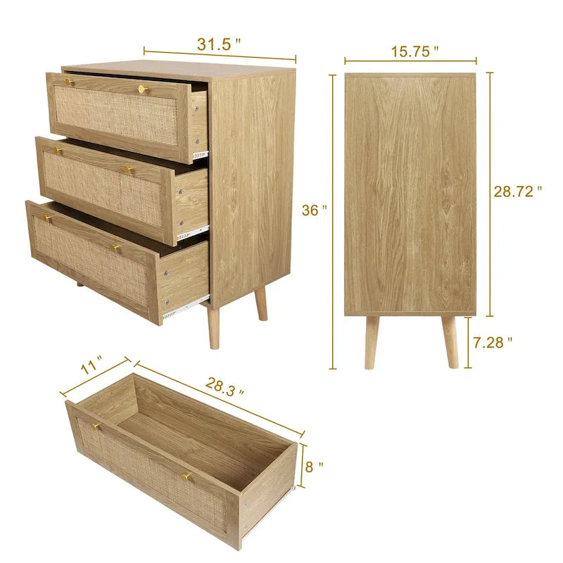 Modern Boho 3-Drawer Rattan Dresser - Stylish Chest of Drawers with Ample Storage for Your Bedroom - image 5