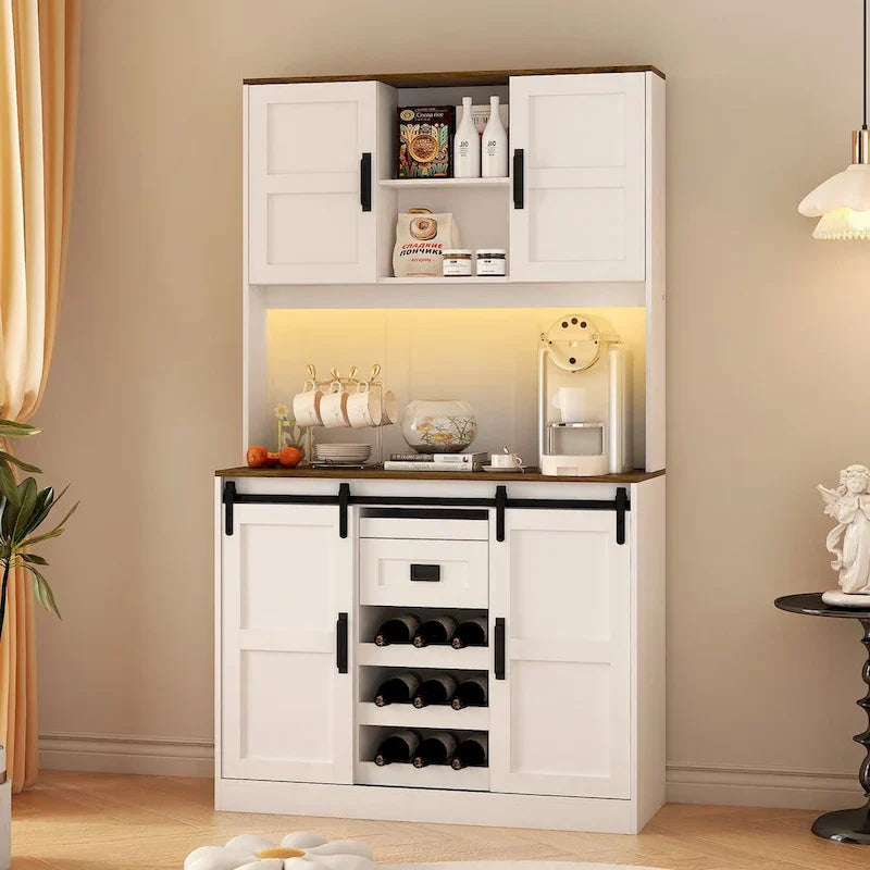Rustic White Farmhouse Bar Cabinet with Sliding Barn Door - Spacious Kitchen Buffet and Coffee Bar Sideboard Table - image 9