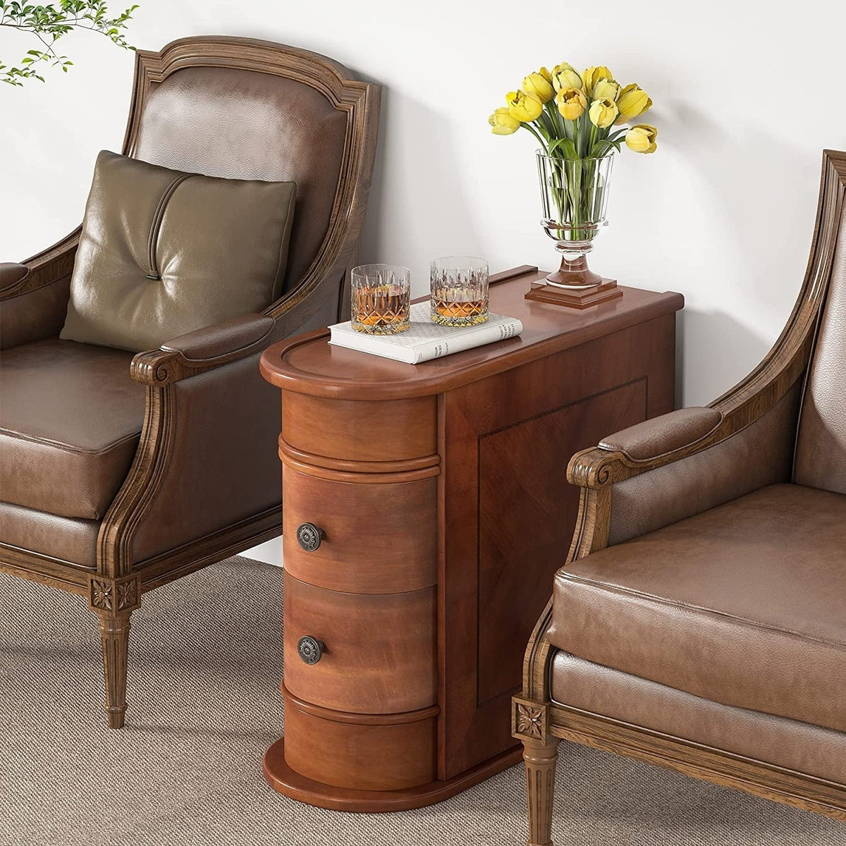 Solid Wood Chairside End Table, Two-Drawer Narrow Side Table Slim - image 29