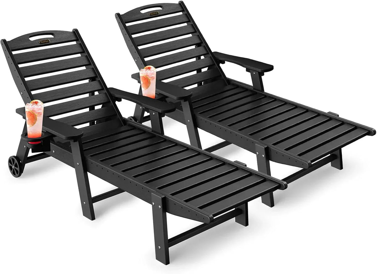Lounge Chair Outdoor, Chaise Lounge, HDPE 6-Position Outdoor Chaise Lounge, Patio Lounge Chair with Wheels & Cup Holder for Pool Poolside Deck Backyard, Teak - image 12