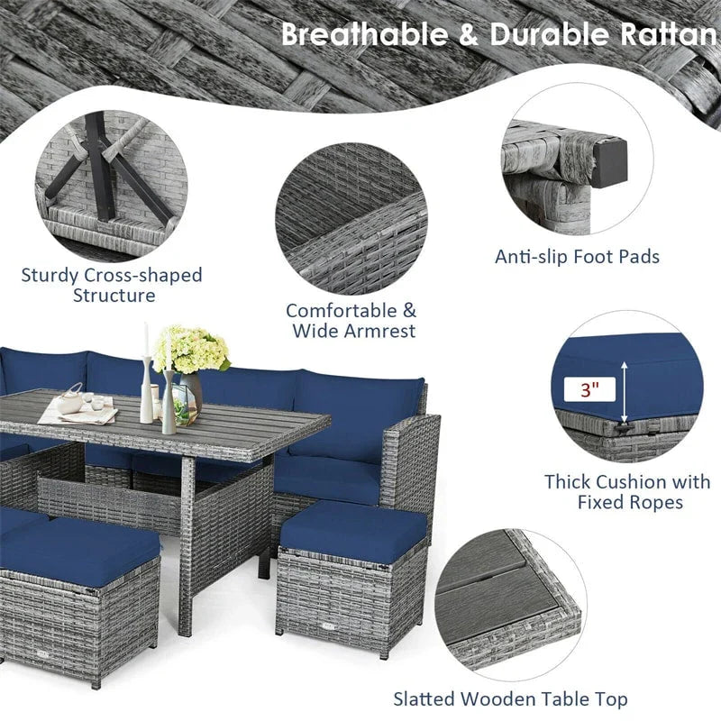 7 Pcs Rattan Patio Dining Furniture Sectional Sofa Set with Dining Table, Ottomans & Cushions - image 31