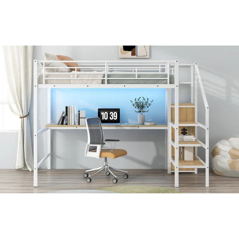 Complete Loft Bed Set with Desk, Storage Staircase, Compact Wardrobe, and LED Lighting - image 24