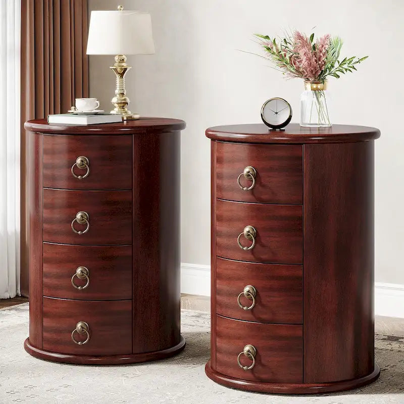 No Assembly Solid Wood End Table, Vintage Round Side Drawers Table - image 2