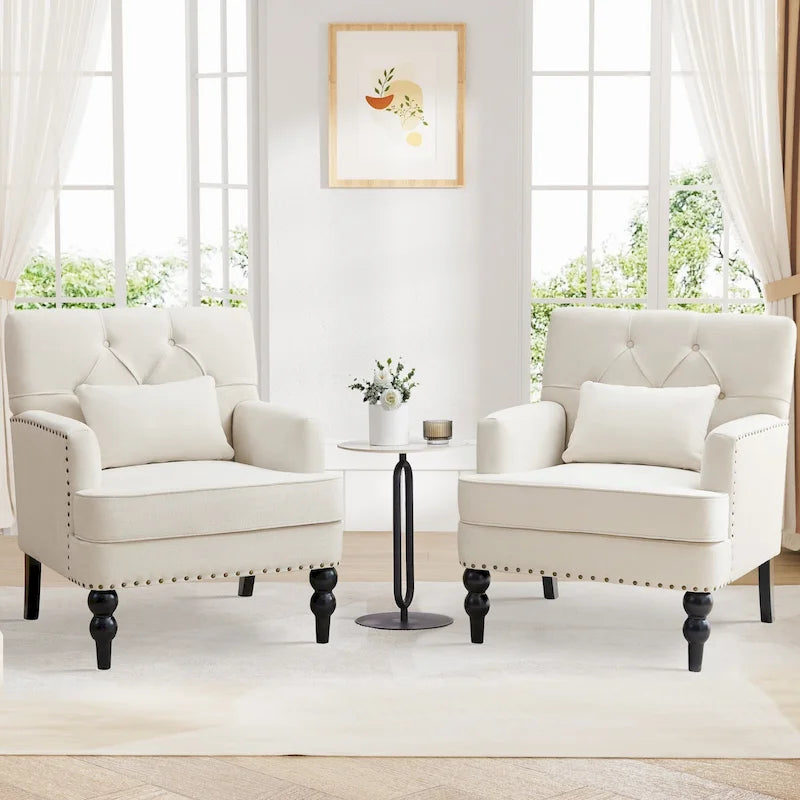 Set of 2 Arm Chair Upholstered Button Tufted Accent Chair with Lumbar Pillow Beige/ Grey/ Light Blue - image 3