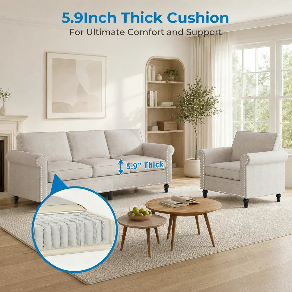 Beige Linen Sofa Set With Nailhead Trim Design - image 3