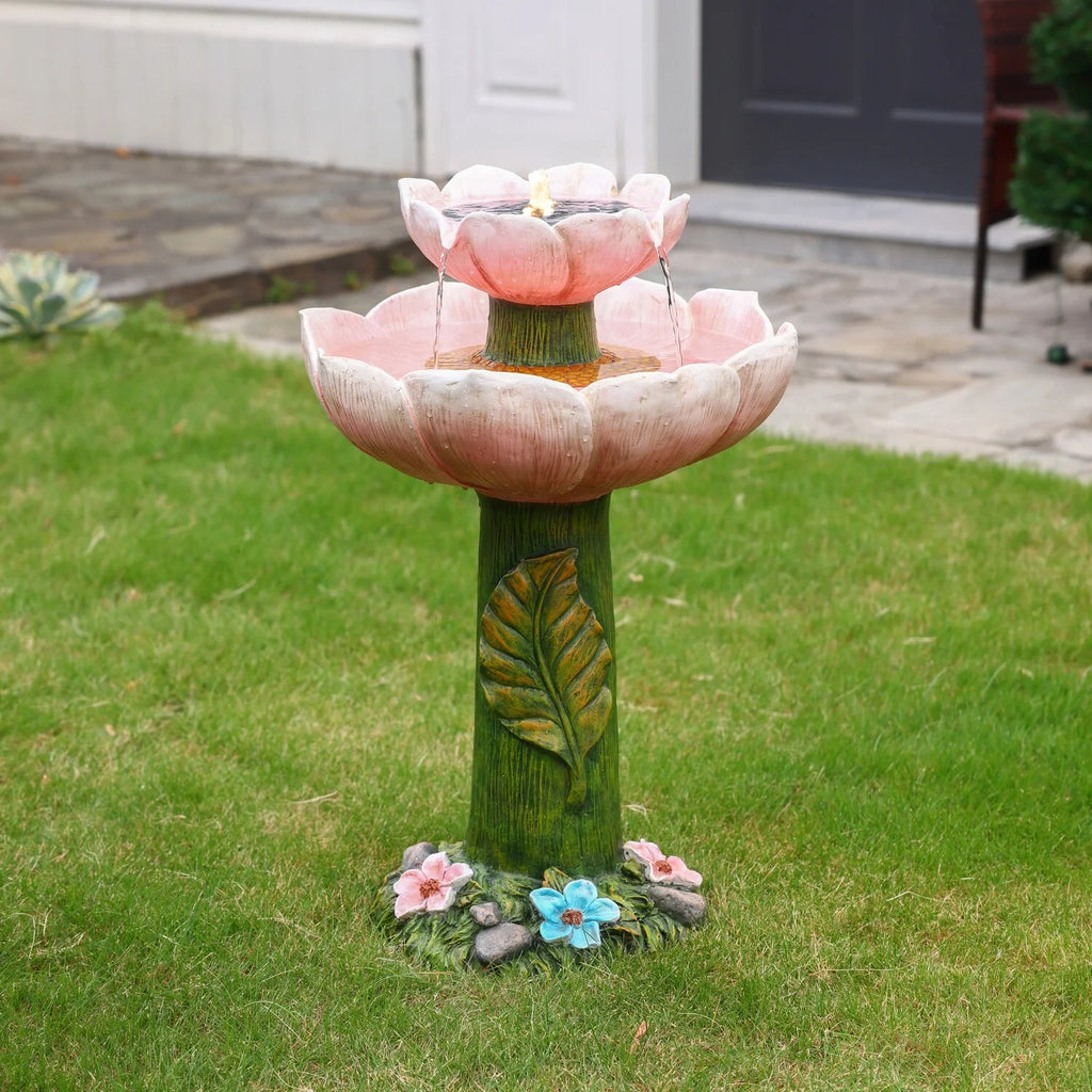 Luxenhome Solar Powered Pink Flower 2 - Tier Resin Birdbath Fountain with Lights - image 3