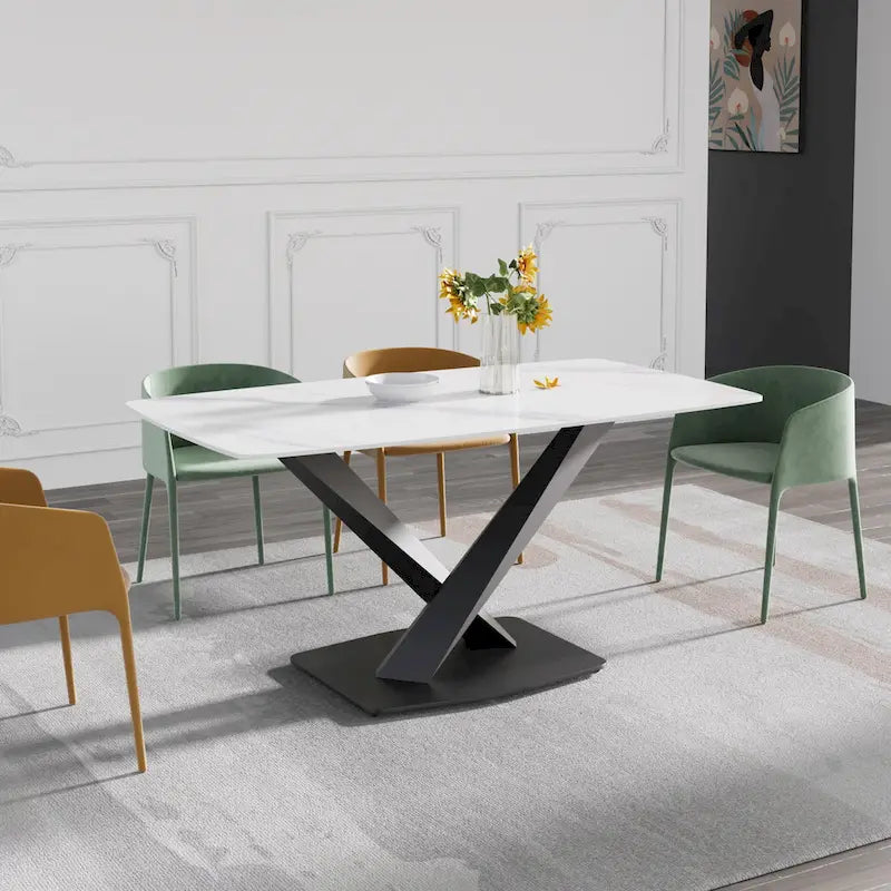63-Inch Contemporary Dining Table with Slate Stone Surface and Metal Legs, Marble Finish - image 28