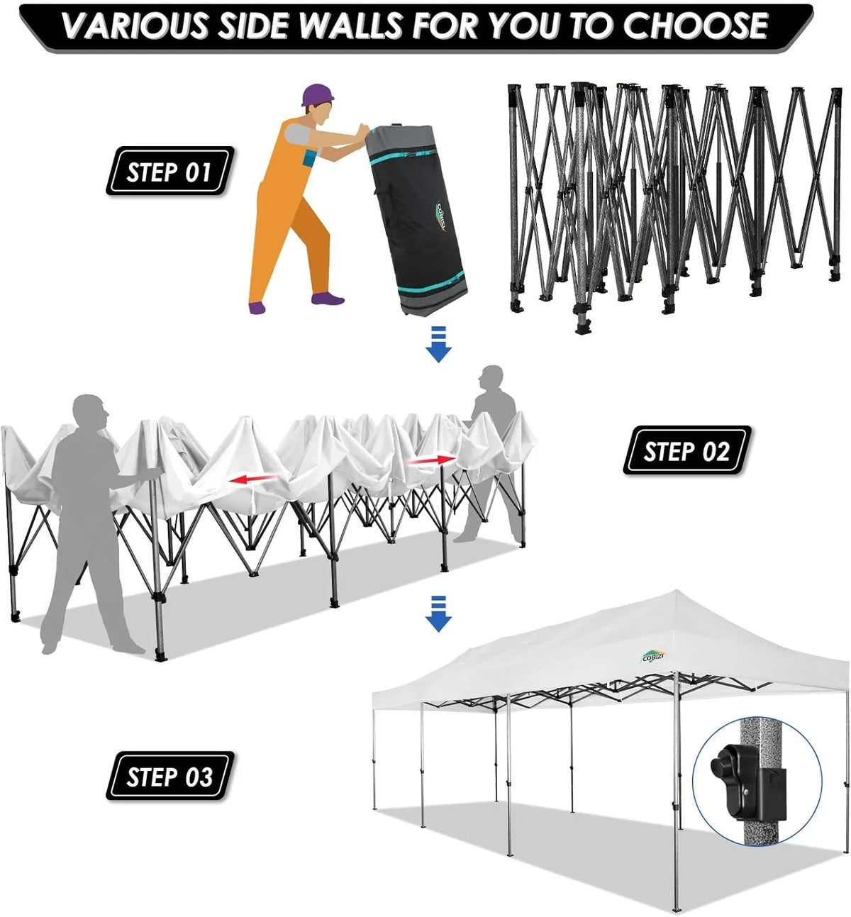 COBIZI 10x20 Heavy Duty Pop up Canopy Tent with 6 sidewalls Easy Up Commercial Outdoor Canopy Wedding Party Tents for Parties All Season Wind & Waterproof Gazebo with Roller Bag,Black(Frame Thickened) - image 91
