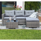 JOIVI 3 Pieces Patio Conversation Set, PE Wicker Rattan Outdoor Furniture Set, 2 Ways Small Sectional Sofa, Tempered Glass Coffee Table, Silver-Gray - image 8