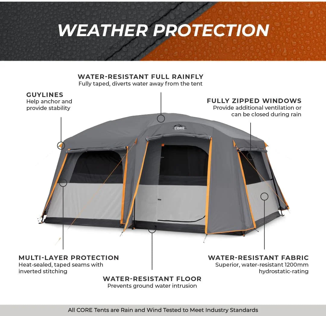 CORE Straight Wall Cabin Tents / 10 Person / 11 Person / 12 Person Large Multi Room Family Tents for Car Camping & Outdoor Adventures - image 9