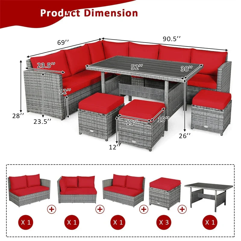 7 Pcs Rattan Patio Dining Furniture Sectional Sofa Set with Dining Table, Ottomans & Cushions - image 21
