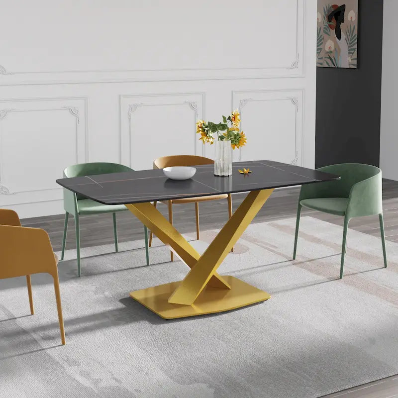 63-Inch Contemporary Dining Table with Slate Stone Surface and Metal Legs, Marble Finish - image 10