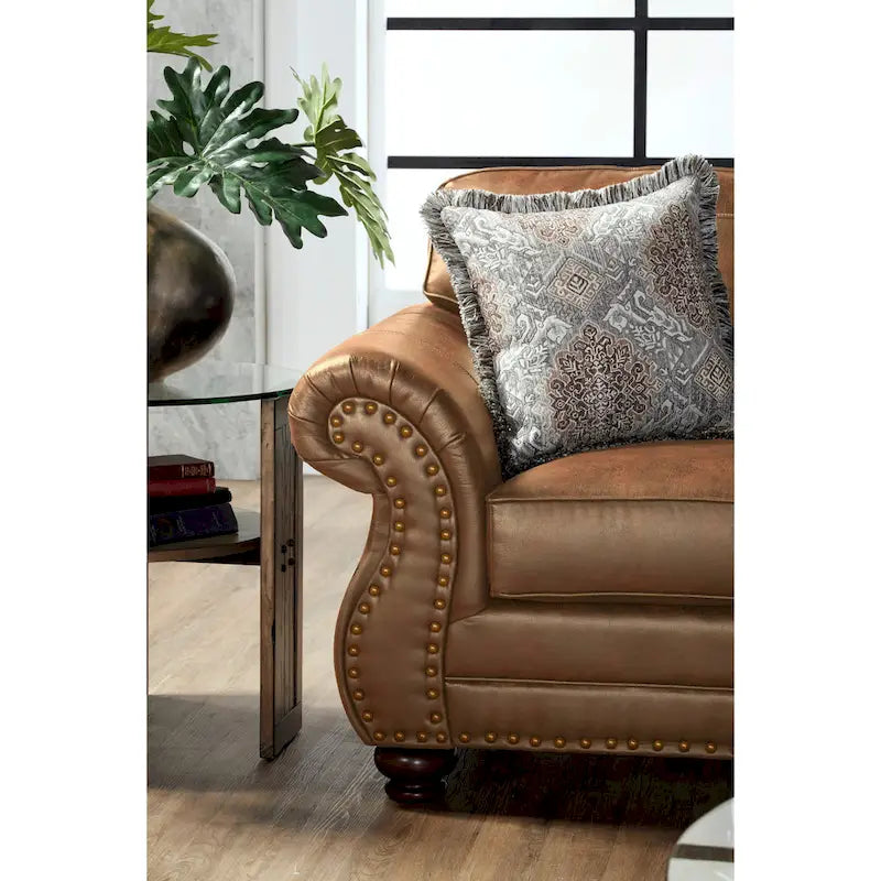 Roundhill Furniture Leinster Brown Fabric Sofa and Loveseat with Nailhead Trim - image 7