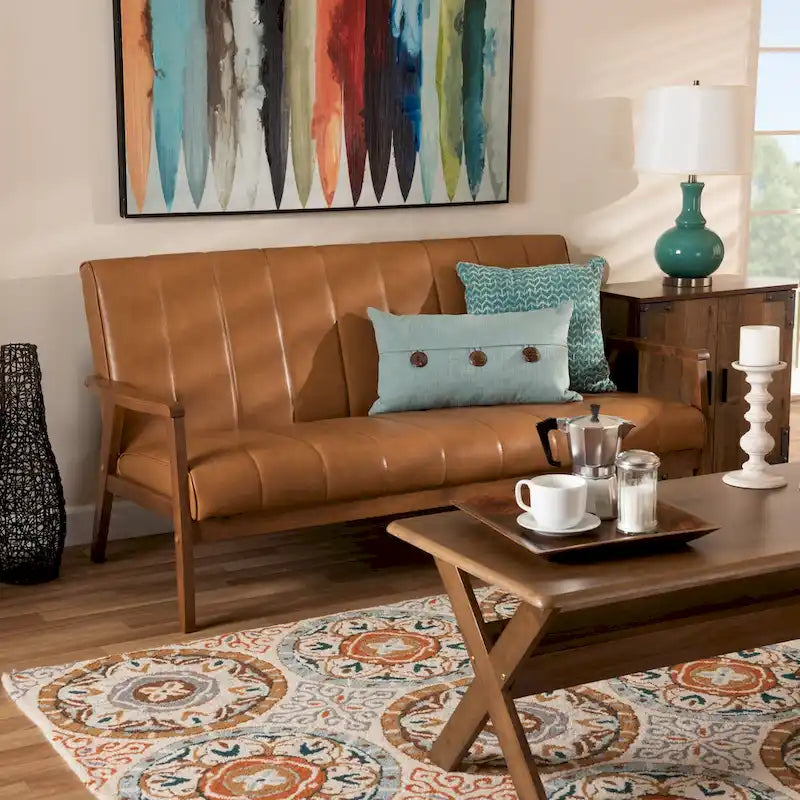 Nikko Tan Faux Leather Sofa with Walnut-Finished Wood Accents - image 1